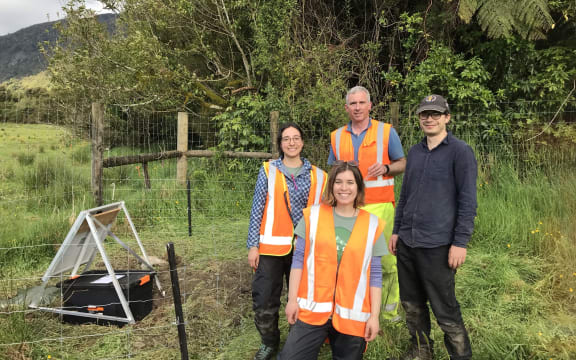 The completed installation with team (L-R): Olivia Pita Sllim, Ash Matheson, Prof John Townend and Dr. Finn Illsley-Kemp.