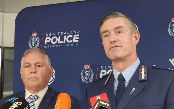 Police Commissioner Andrew Coster with Police Minister Mark Mitchell announcing the police's new national gang unit.