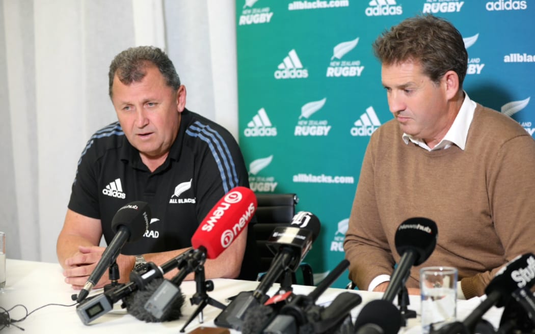 All Blacks head coach Ian Foster (left) at the NZ Rugby media conference this afternoon.