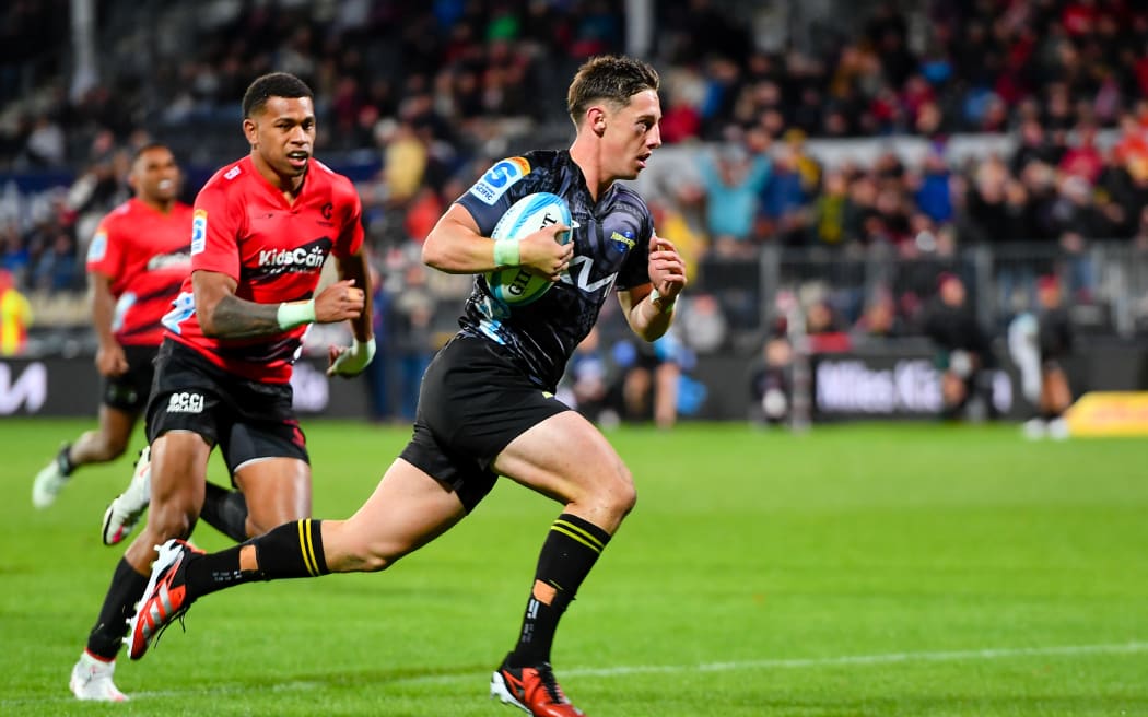 Cam Roigard of the Hurricanes during the Super Rugby Pacific match, Crusaders Vs Hurricanes, at the Apollo Projects Stadium.