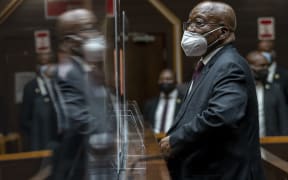 Former South African President Jacob Zuma, stands in the High Court in Pietermaritzburg, South Africa, on October 26, 2021 2021.
