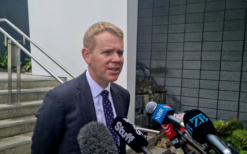 Prime Minister Chris Hipkins answers media questions after a pre-Budget speech at the Employers and Manufacturers Association offices in West Auckland on 27 April 2023.