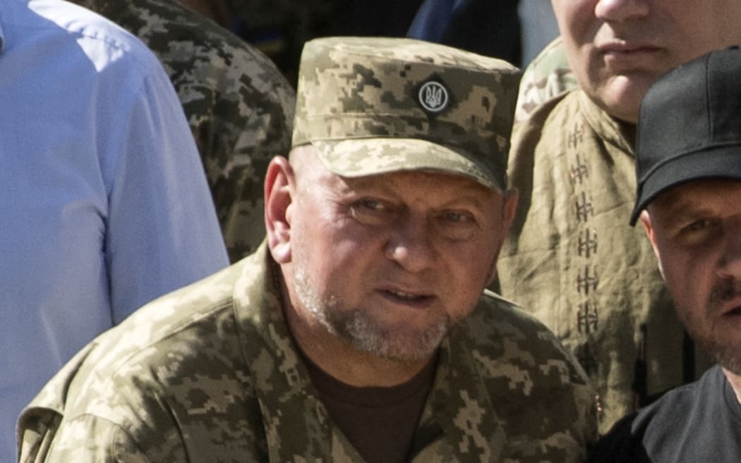 Ukraine's Commander in Chief of the Armed Forces Valeriy Zaluzhnyi, Defence Minister Oleksiy Reznikov and Minister of Internal Affairs Ihor Klymenko attend a celebration ceremony of the Independence Day of Ukraine in Kyiv, August 24, 2023 (Photo by Maxym Marusenko/NurPhoto) (Photo by Maxym Marusenko / NurPhoto / NurPhoto via AFP)