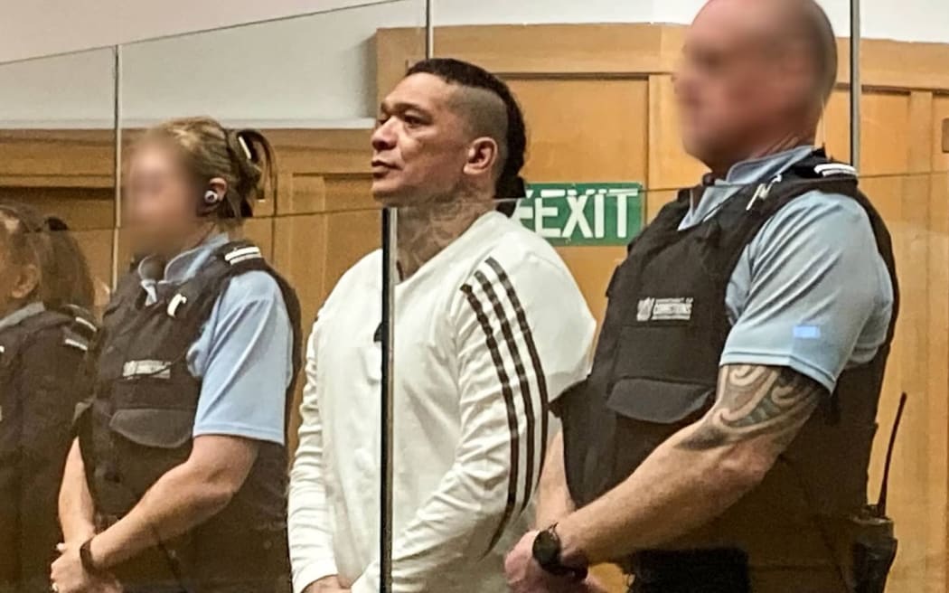 Hone Ronaki, vice president of the Mongols motorcycle gang, in the Hamilton High Court for sentencing for his part in the Waikeria Prison riot in January 2021.