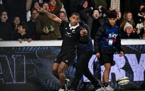 Sevu Reece of New Zealand celebrates his try.
New Zealand All Blacks v England, 1st Rugby Union Test Match at Forsyth Barr Stadium, Dunedin, New Zealand on Saturday 6 July 2024.
2024 Steinlager Ultra Low Carb Test Series.
© Photo: Andrew Cornaga / Photosport