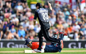 New Zealand's Colin Munro runs out England's Sam Billings during the Twenty20 cricket match between New Zealand and England at Saxton Oval in Nelson.