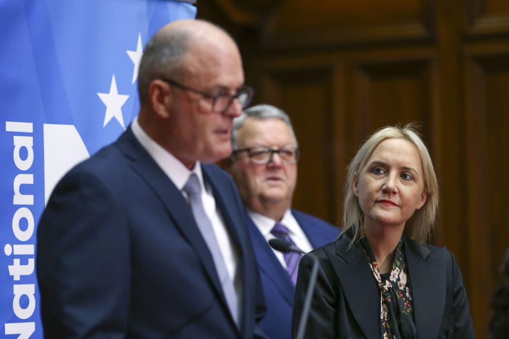 Newly elected National Party leader Todd Muller speaks to media while new deputy leader Nikki Kaye looks on during a press conference at Parliament on 22 May.