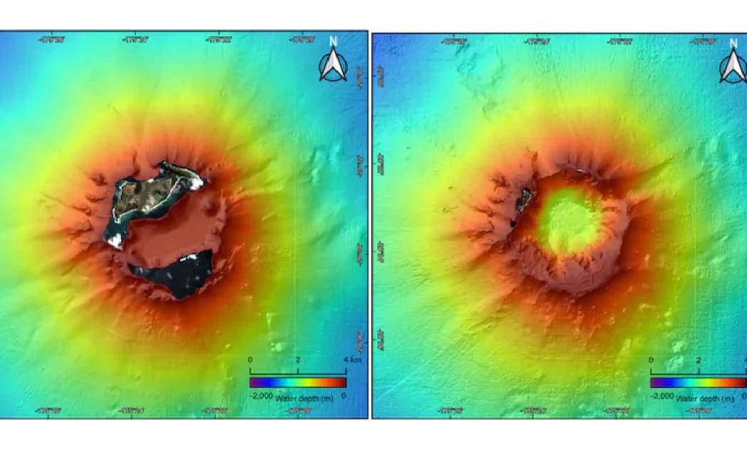 The Hunga Tonga-Hunga Ha'apai crater and caldera before and after the eruption.