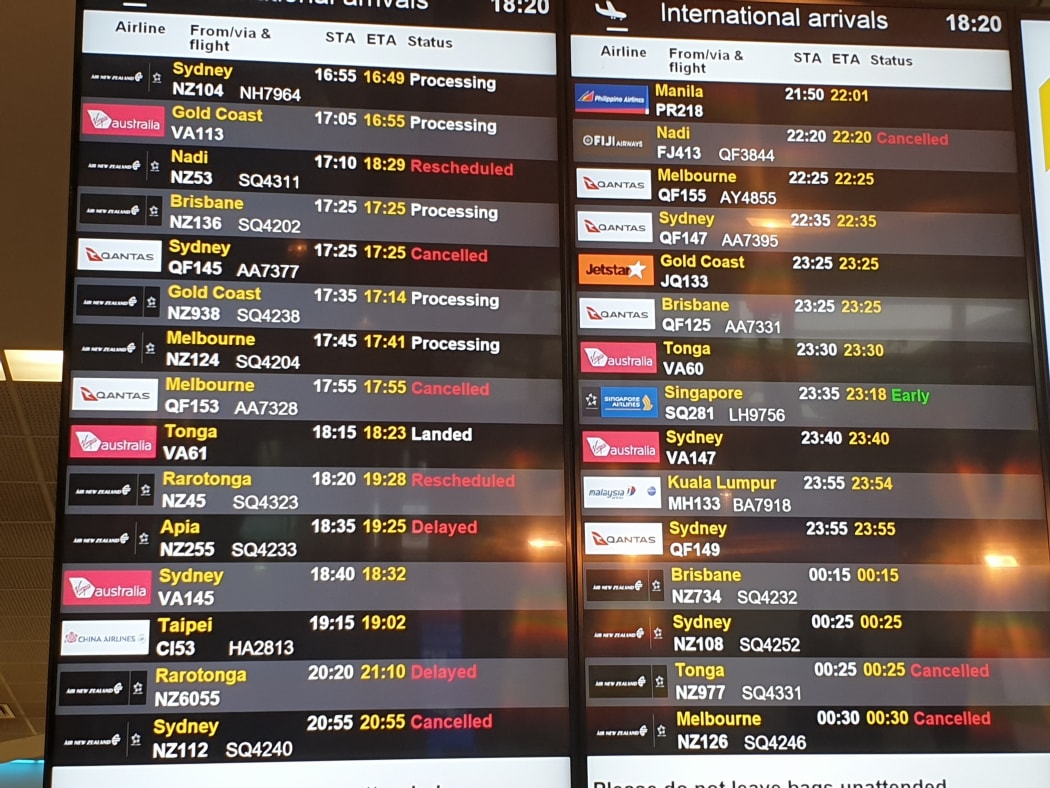 The arrivals board at the Auckland Airport's international terminal on 19 March