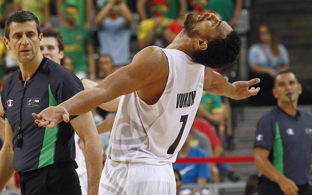 Mika Vukona reacts to a referee's call during the loss to Lithuania.