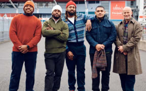 Flying Fijian players Tevita Ikanivere, Frank Lomani, Waisea Nayacalevu, Samo Matavesi, the team's strength and conditioning coach David Sylvester with AUBIN brand clothing on.