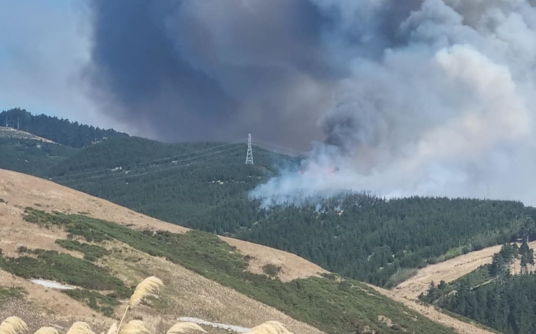 Flames leap into the sky during the blaze on the Port Hills in Christchurch on 14 February 2024.
