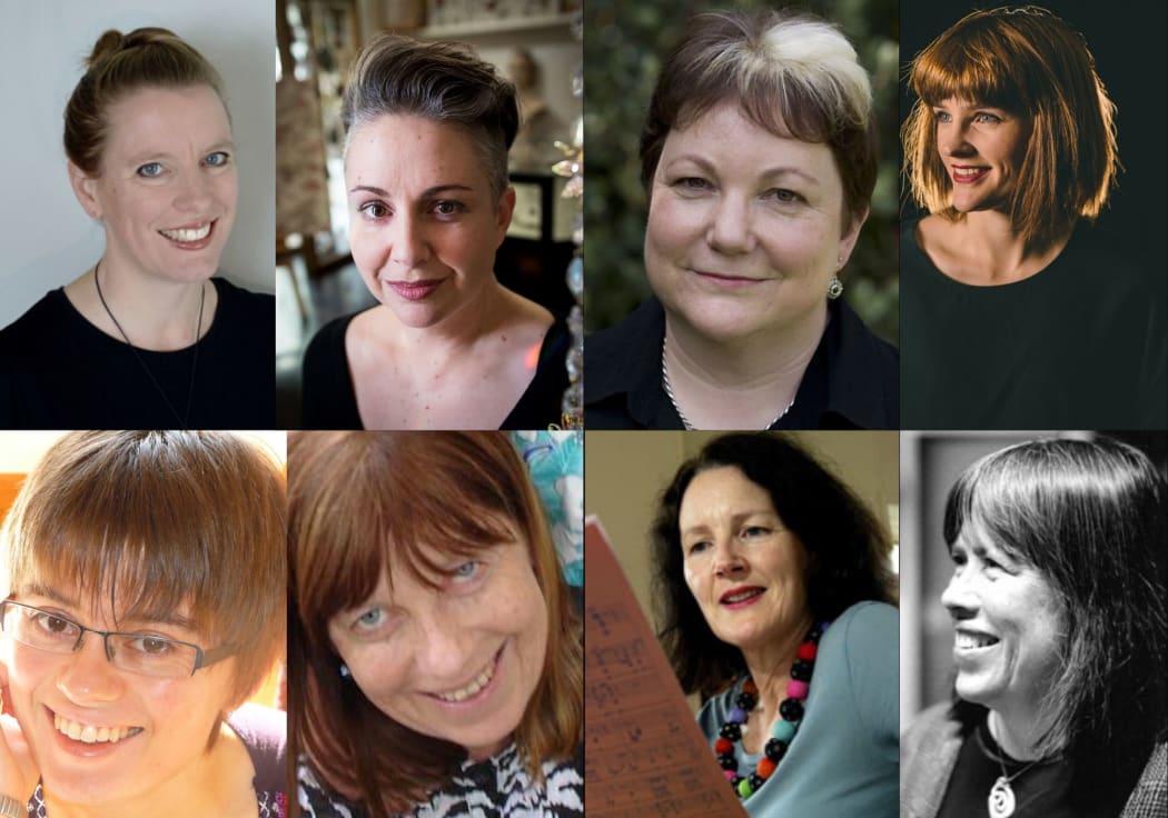 Some of New Zealand's female composers: Top row: Claire Scholes, Victoria Kelly, Leonie Holmes (photo: Gareth Watkins), Claire Cowan, Bottom row: Tabea Squire (photo: Eustie Kamath), Helen Bowater, Eve de Castro-Robinson, Gillian Whitehead (photo: Gareth Watkins)
