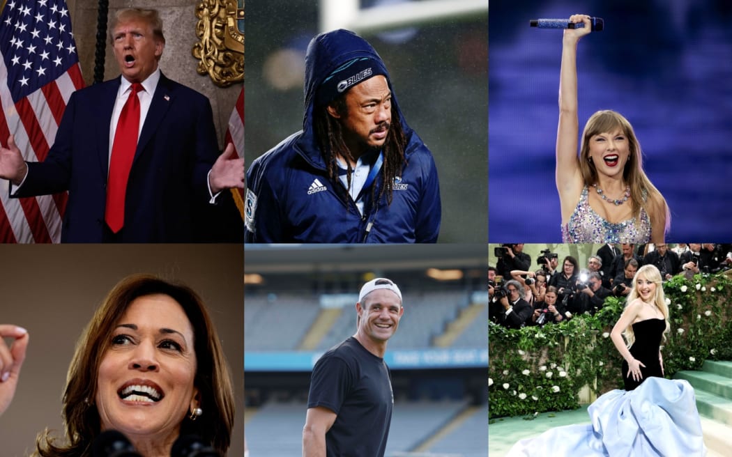 A collage showing Donald Trump, Tana Umaga, Taylor Swift, Kamala Harris, Dan Carter, Sabrina Carpenter