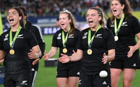 Black Ferns players perform a haka to celebrate winning the final World Cup final against England at Eden Park.