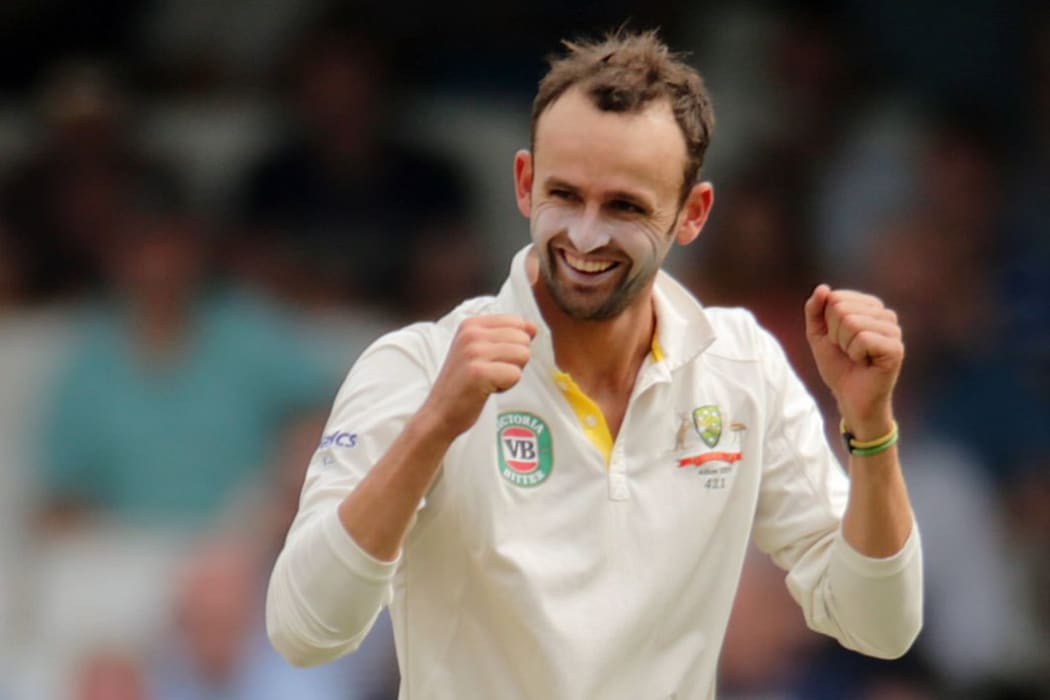 The Australian spinner Nathan Lyon celebrates a wicket.