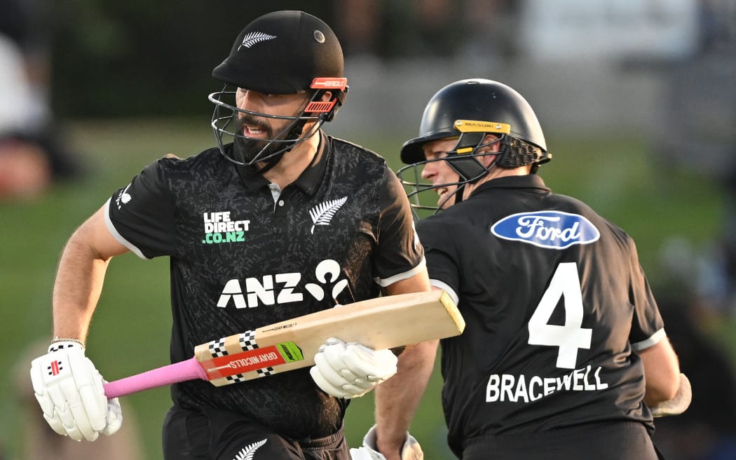 New Zealand’s Daryl Mitchell and Michael Bracewell. Game 1 of the ODI cricket series between New Zealand and England at Bay Oval in Mt Maunganui.