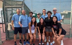CONTRIBUTED PHOTO

The CNMI 2024 Davis Cup and Billie Jean King Cup players and officials pose for a group shot at the Bahrain Tennis Federation tennis courts in Isa Town, Bahrain. Back from left, Colin Sinclair, Tomas Abel, Robbie Schorr, Davis Cup team manager Karen Buettner, Colin Ramsey, and Davis Cup captain Jeff Race. Front row from left, Carol Lee, Hye Jin Elliott, Asia Raulerson, and Isabel Heras.