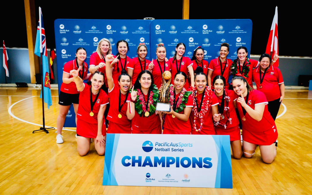 Tonga celebrate their win in the Pacific AusSports Netball Series.