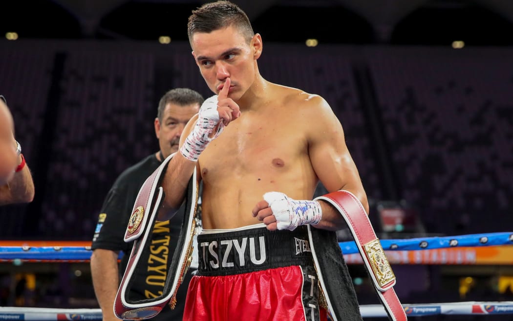 Tim Tszyu reacts after beating Bowyn Morgan. Tszyu v Morgan. Sydney Super Fight, Bankwest Stadium, Sydney, Australia. 16th December 2020. Copyright Photo: David Neilson / www.photosport.nz