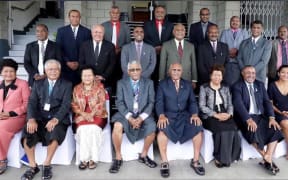 The SODELPA parliamentary caucus with former opposition leader Sitiveni Rabuka seated fifth from the left. Ratu Naiqama Lalabalavu is also seated next to him fourth from the left.