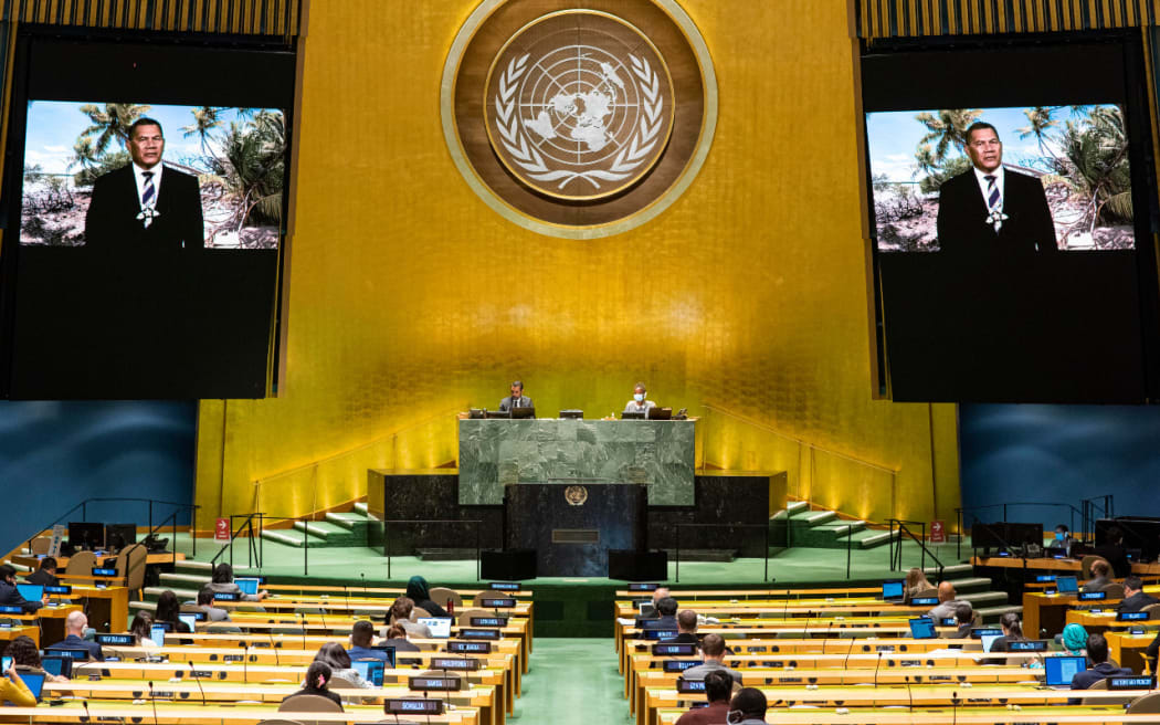 Pacific Islands Forum Chair and Tuvalu Prime Minister Kausea Natano addresses the UN on climate change.