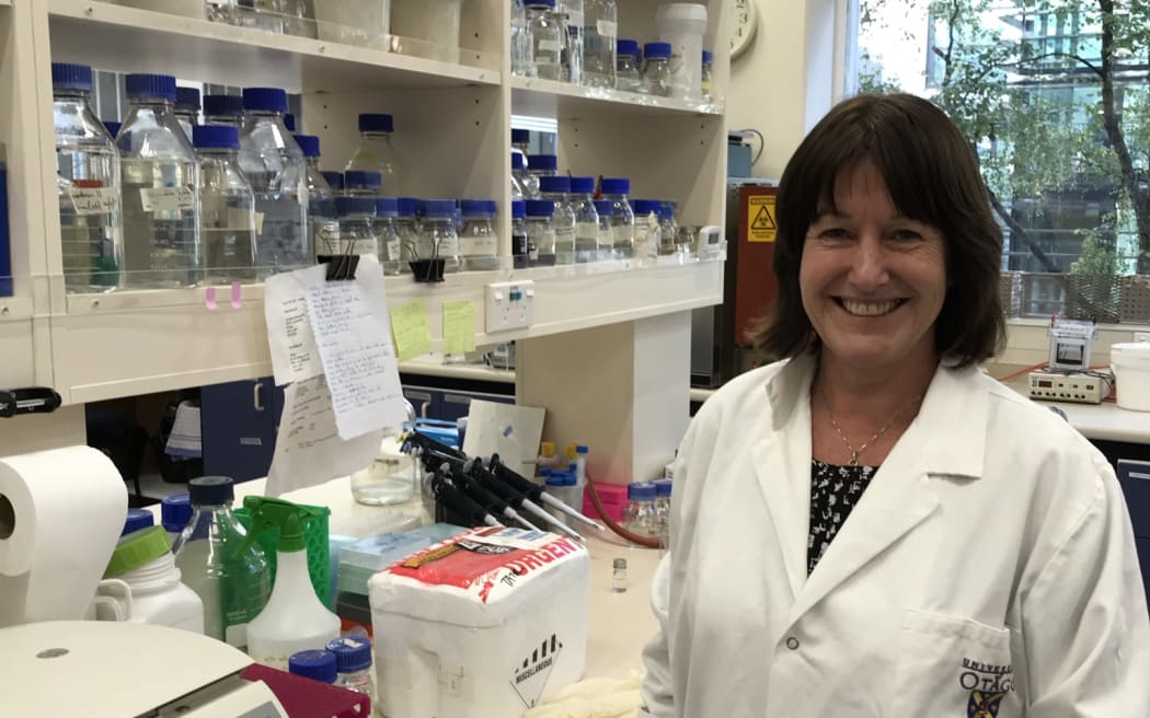 Tina Edgar, the Tate lab technician, stands by her lab bench which is full of glass bottles, plastic racks, desktop machines (centrifuge) and a Styrofoam box with samples in it.