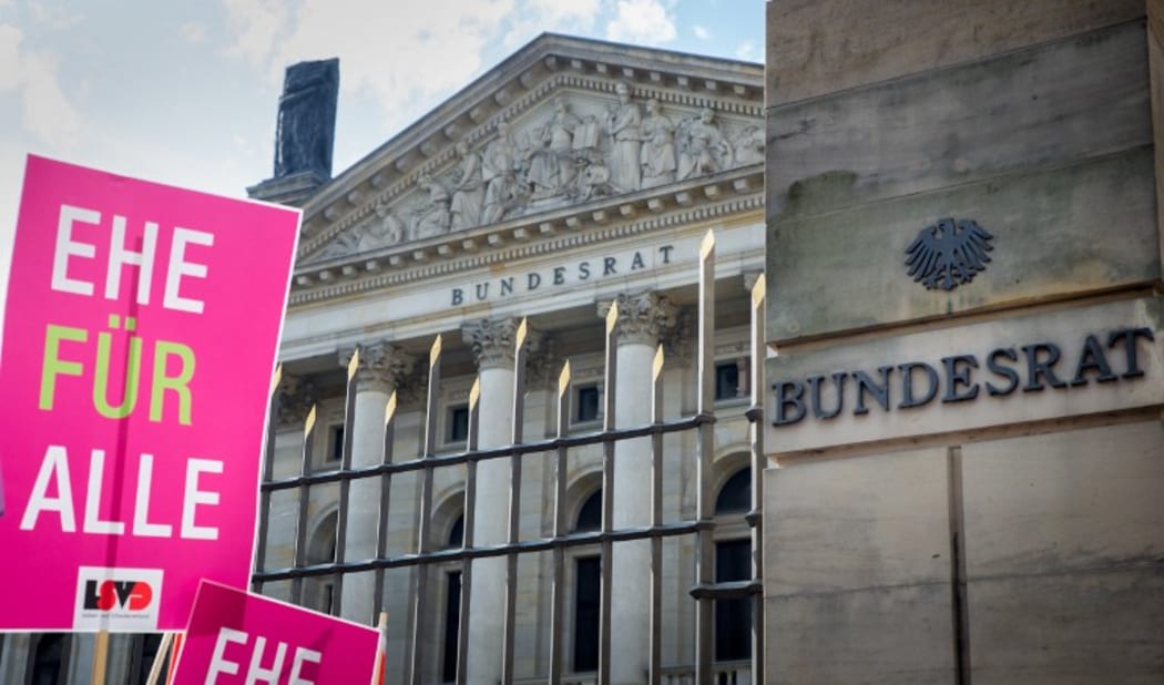 A placard reading "Marriage for everyone" at a demonstration for same-sex marriage outside Germany's upper house of Parliament.
