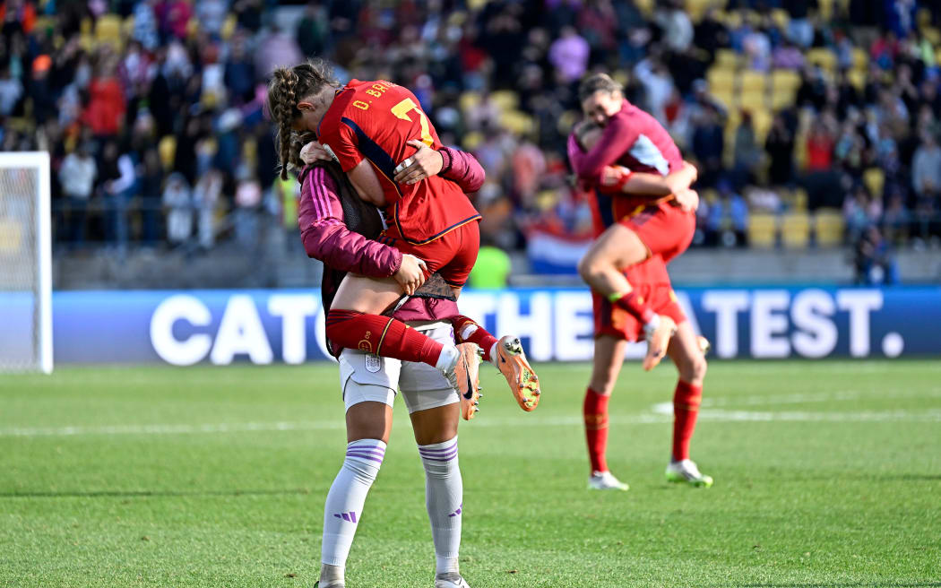 Spain players celebrate after their win over the Netherlands