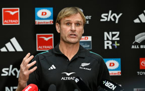 All Blacks coach Scott Robertson speaks to media.