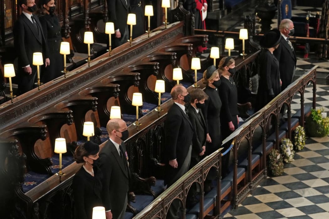 From the left: Catherine, Duchess of Cambridge, Prince William, Duke of Cambridge, Prince Edward, Earl of Wessex, Viscount Severn, Sophie, Countess of Wessex, Lady Louise Windsor, Camilla, Duchess of Cornwall and Prince Charles.