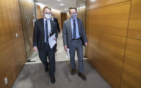 Covid Response minister Chris Hipkins and Director General of Health Dr Ashley Bloomfield hold the 1pm Covid Update in the Beehive Theatrette.