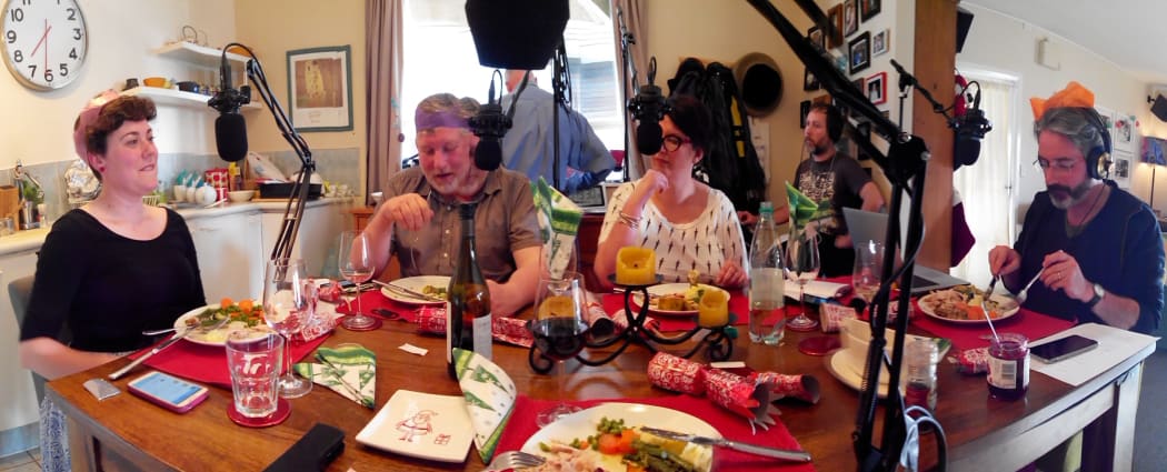 The panel for the 2015 A Very Rancho Christmas special tucking in to Christmas dinner during recording.