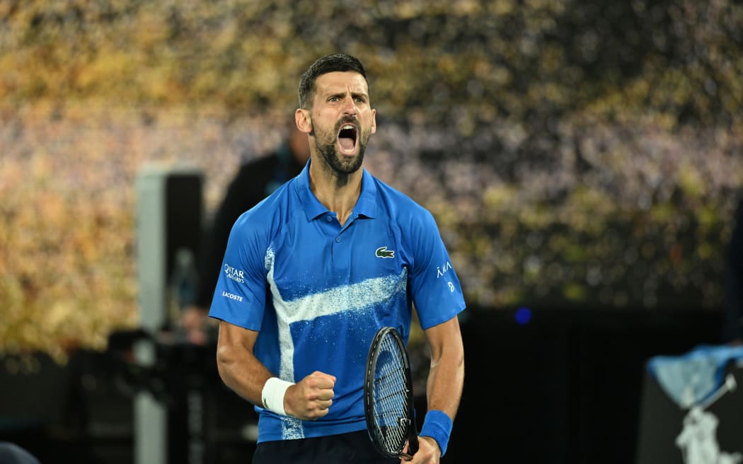Novak Djokovic of Serbia celebrates match point during his round three win over Tomas Machac of Czechia during the 2025 Australian Open at Melbourne Park in Melbourne, Friday, January 17, 2025. (AAP Image/James Ross/Photosport) NO ARCHIVING, EDITORIAL USE ONLY