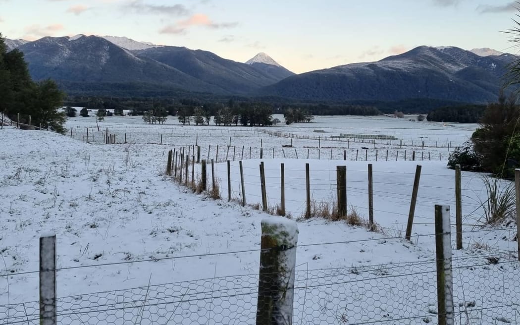 Snow-covered paddock viewed from Lewis Pass Motels.