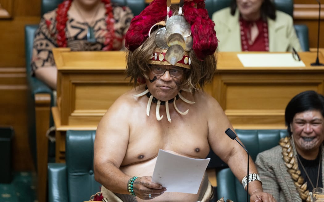 Aupito William Sio, the MP for Māngere, dressed in traditional Samoan attire for his valedictory speech in Parliament, 22 August 2023.