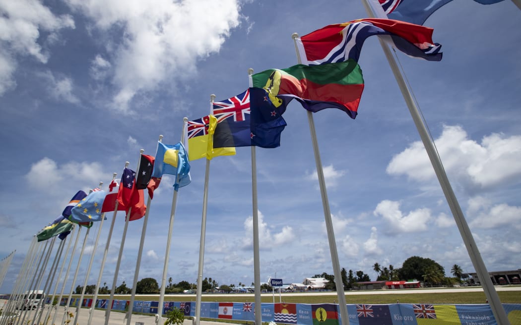 National flags in Nauru for the Pacific Islands Forum.