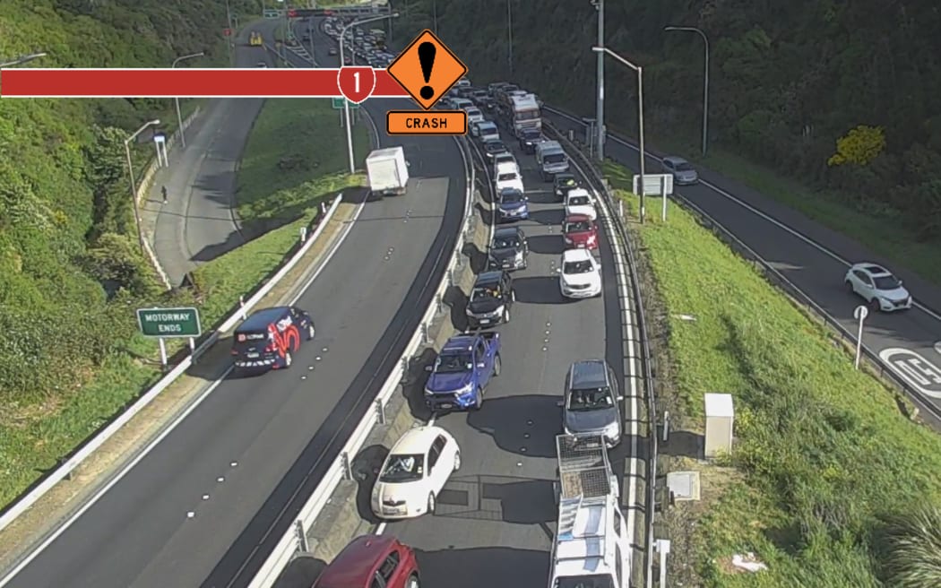 Traffic banked up on State Highway One north of Wellington after the Johnsonville offramp following a crash.