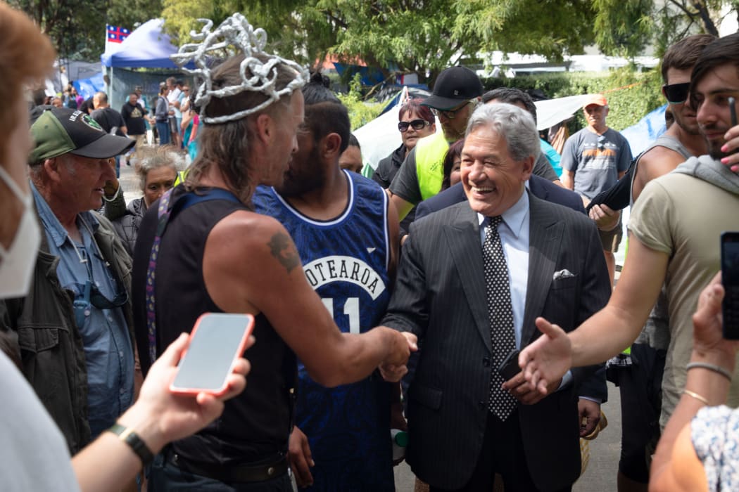 Winston Peters visits protestors at Parliament