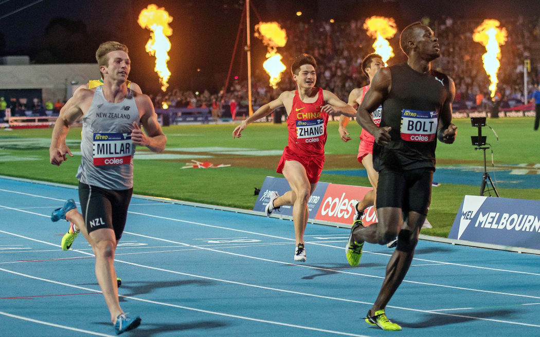 Joseph Millar and Usain Bolt compete in Melbourne 2017.