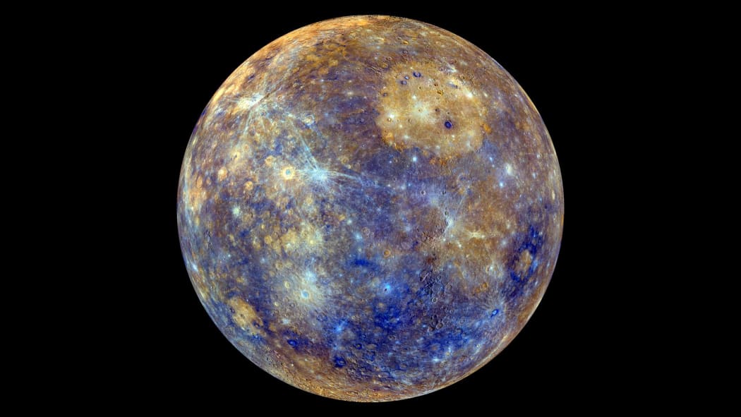 Images from NASA's Messenger reveal Mercury - not as it would appear to the human eye, but with colours used to show chemical and physical differences. Young craters appear fresh blue or white; tan areas are plains formed by liquid lava.
