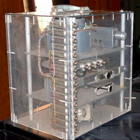The Crystal Palace, showing the jack connectors and construction of its perspex case.