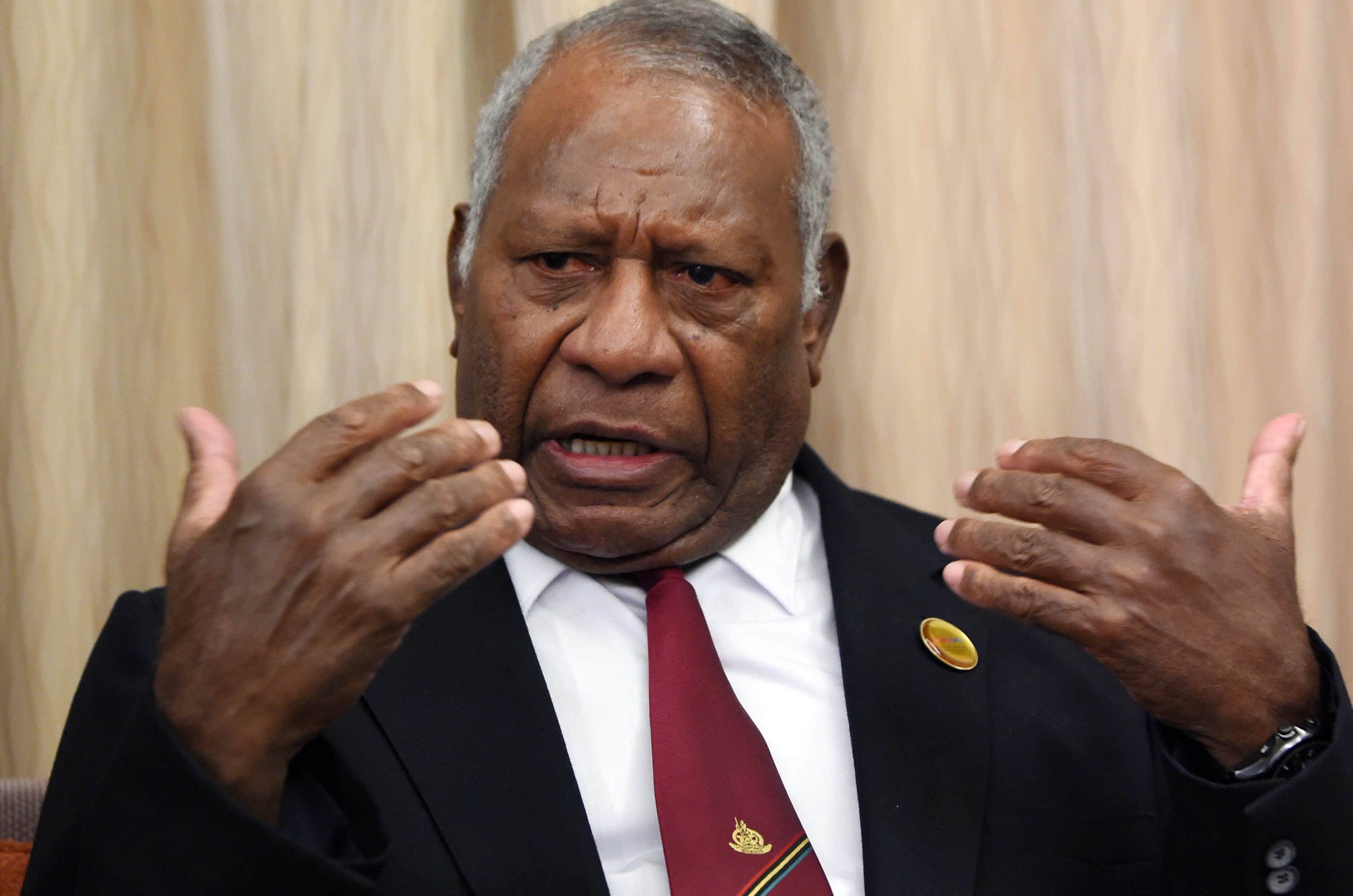 Vanuatu President Baldwin Lonsdale speaks during an interview with Agence France-Presse in his hotel room minutes before his departure to return home after attending the third UN World Conference on Disaster Risk Reduction in Sendai on March 16, 2015.