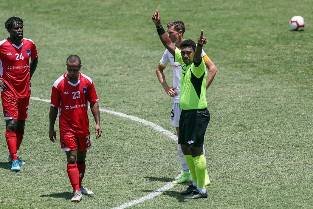 Galaxy FC's Eddison Stephen is sent off after receiving a second yellow card.