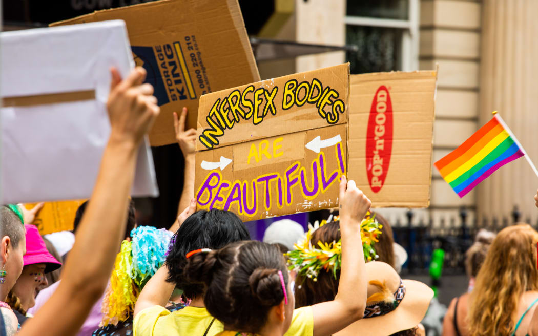 A sign that reads 'Intersex bodies are beautiful' among the crowd at the Auckland Pride march in 2023.