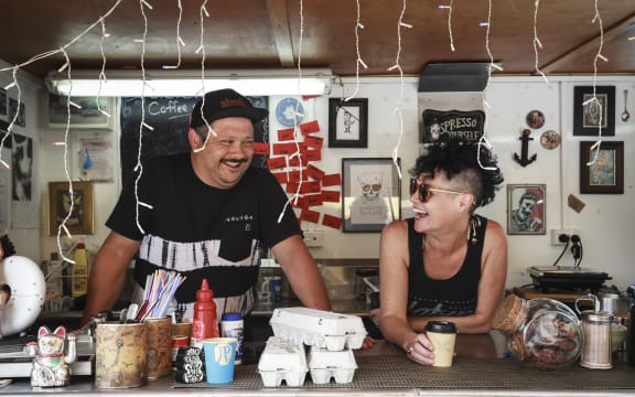 Sharon Rayner, owner/operator of The Cafe Cart in Kaikoura. Sharon and her team were a hub for residents, tourists and recovery crew during the aftermath of the quake. Pictured with staff member, JP (John--Paul Roberts).