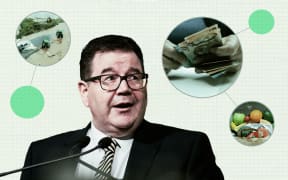 Grant Robertson with background of cyclone recovery, money, and groceries.