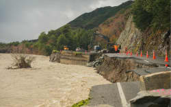 Crews are actively working on repairs to State Highway 1 leading to Kaikōura that was badly damaged in a severe weather event this week. Pic taken 9 July 2026.