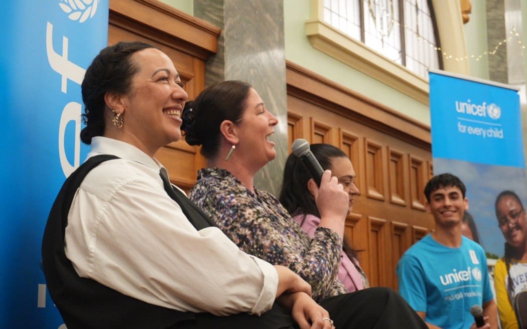 The Green Party's children's spokesperson Kahurangi Carter (left), Labour's children's spokesperson Willow-Jean Prime, children's minister Karen Chhour, and UNICEF Aotearoa young ambassador Ronan Payinda at the Parliamentary Forum for Children's Rights.