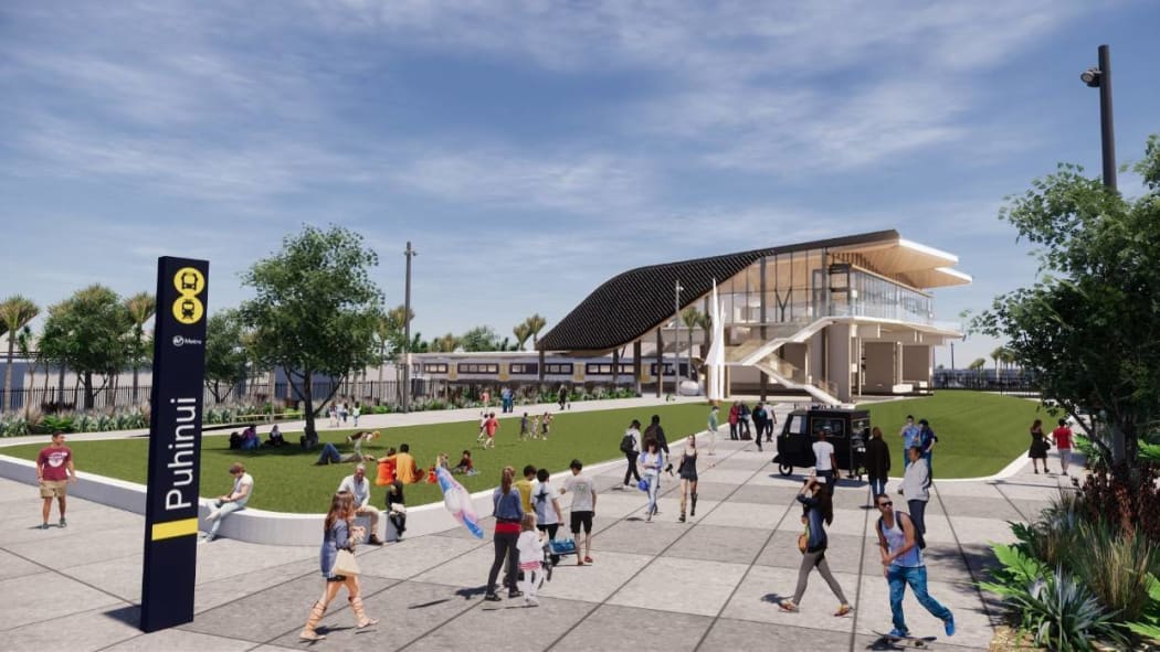 An artist's impression of what the finished Puhinui Station Interchange will look like.